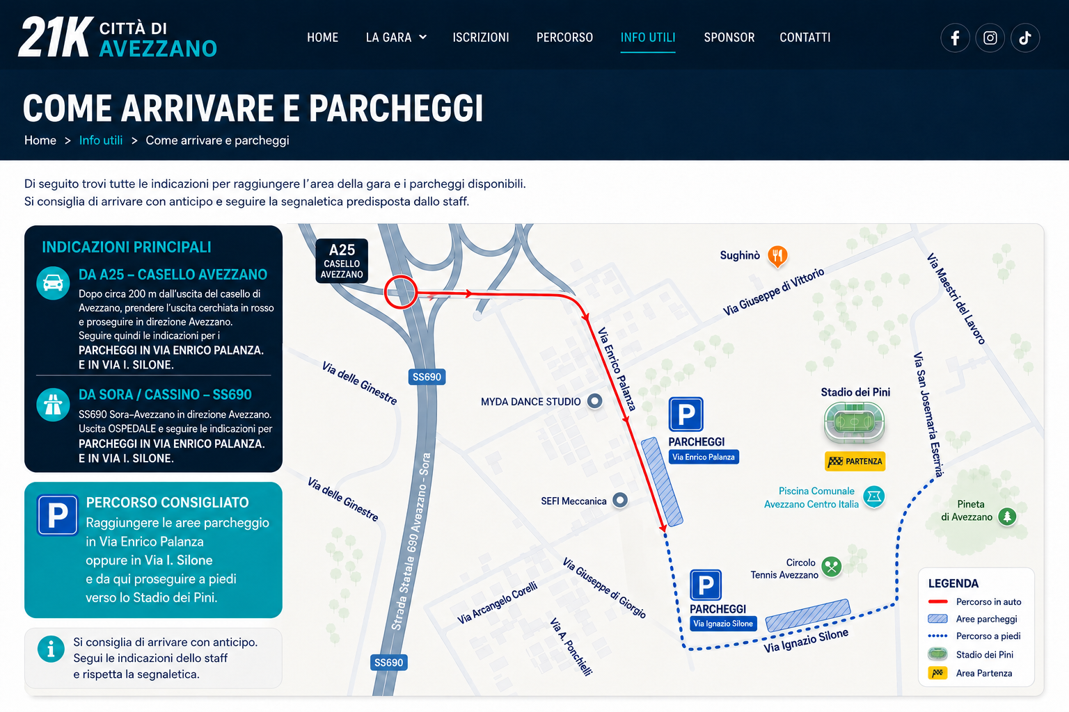 Mappa parcheggi e percorso a piedi verso lo Stadio dei Pini per la 21K Città di Avezzano